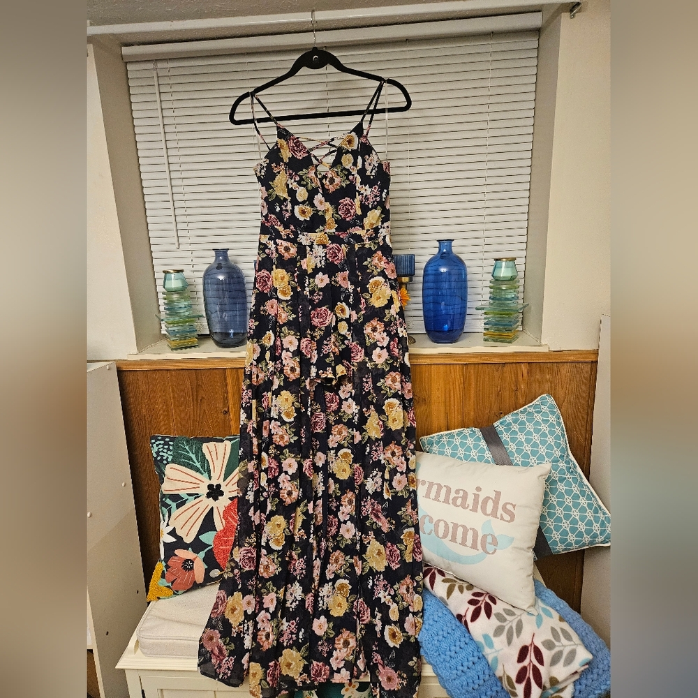 Derek Heart Floral High Low Dress - Navy Blue and Pink